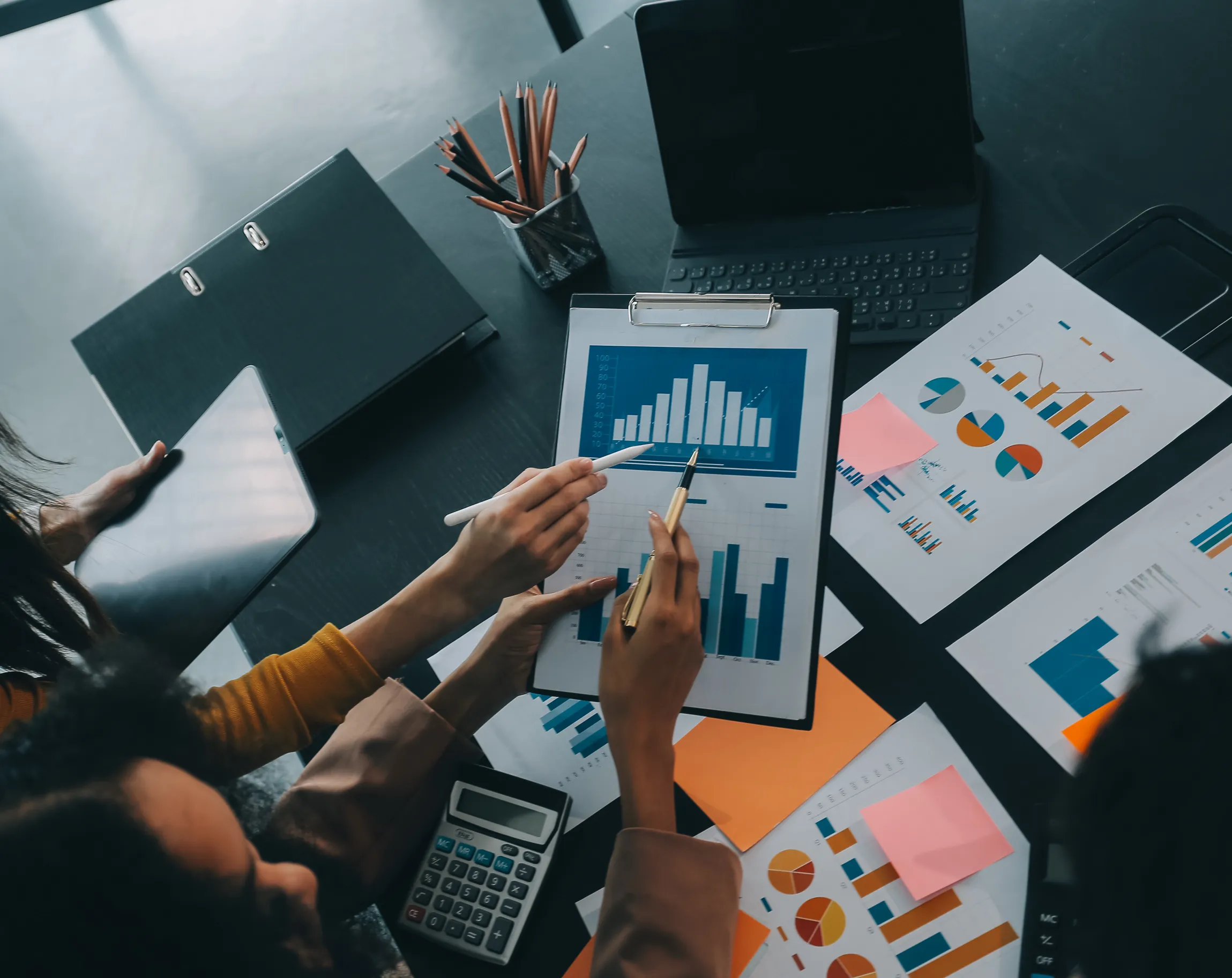 Business team collaboration discussing working analyzing with financial data and marketing growth report graph in team, presentation and brainstorming to strategy planning making profit of company.